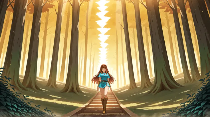 A woman with long brown hair, wearing a circlet, short tunic and tall hide boots, strolling through a magical forest, natural lighting, in full view in a highly detailed anime style