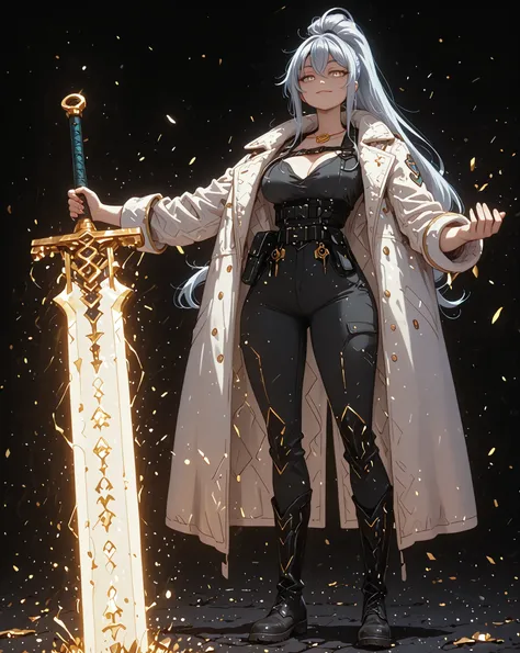 A young female character, black background, with the same height and body type as Alisa Mikhailovna Kujou from Alya Sometimes Hides Her Feelings in Russian. She has silver hair tied in a long ponytail like Sylpha Langlis from Tensei Shitara Dai Nana Ōji, a...