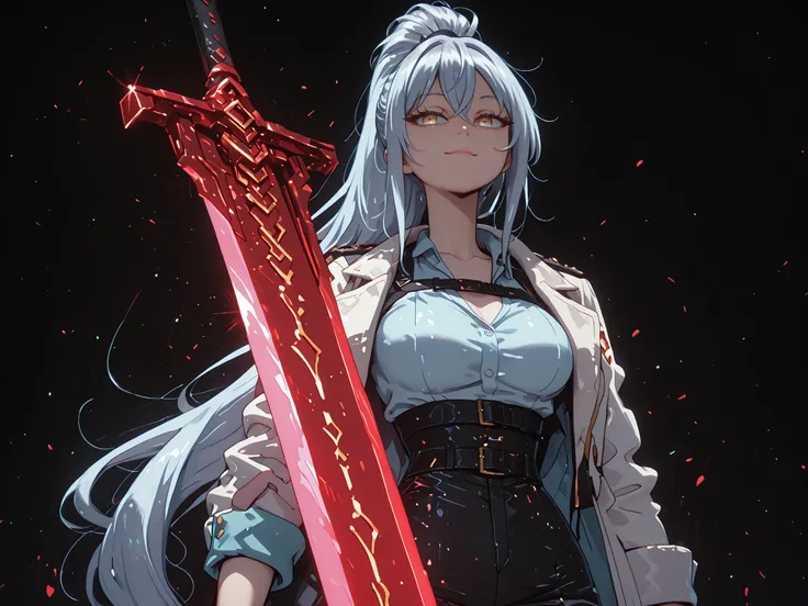 A young female character, black background, with the same height and body type as Alisa Mikhailovna Kujou from Alya Sometimes Hides Her Feelings in Russian. She has silver hair tied in a long ponytail like Sylpha Langlis from Tensei Shitara Dai Nana Ōji, a...