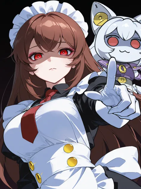 rapidef, red eyes, brown hair, long hair, bangs, beret, black jacket, cropped jacket, red necktie, gloves, black shirt, belt, thighhighs,1girl, perfect anatomy, masterpiece, best quality, very aesthetic, ultra-detailed, best illustration, unity 8k wallpaper,  100-layer, intricate, overall detail,  maid cafe,  (jiraikei makeup),  ((jiraikei kimono)), lovely maids, Welcome back master, perfect mature body,  cute, Japan maids, dynamic angle / intense angle, Robo-Girlfriend,maid Robo,nekomata,cat maid Robo,came from the future, cute cat maid Robo,Robo body, shoulder armor, capelet, mecha musume, gloves,sub arm,cyberpunk,cyberpunk cat maid Robo,Yandere,Yandere cute cat maid Robo,empty eyes, blank eyes, shaded face, expressionless, eyes in shadow, upper body, looking at viewer, finger pointing at viewer, black background,doro,chibi,
