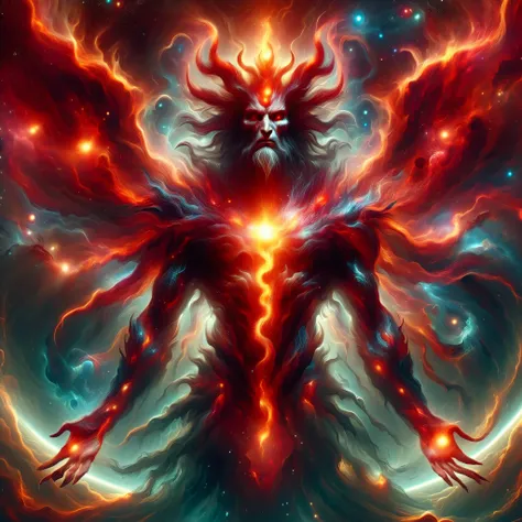 Done in a sinister expressive, surreal, cosmic manner in a full hyper real illustration of the Devil as Samael, Demiurge, Lord of the material, Yaldabaoth, spiritually blind master of gross matter, Divine titan twisted by evil, face of a lion, chest of a m...