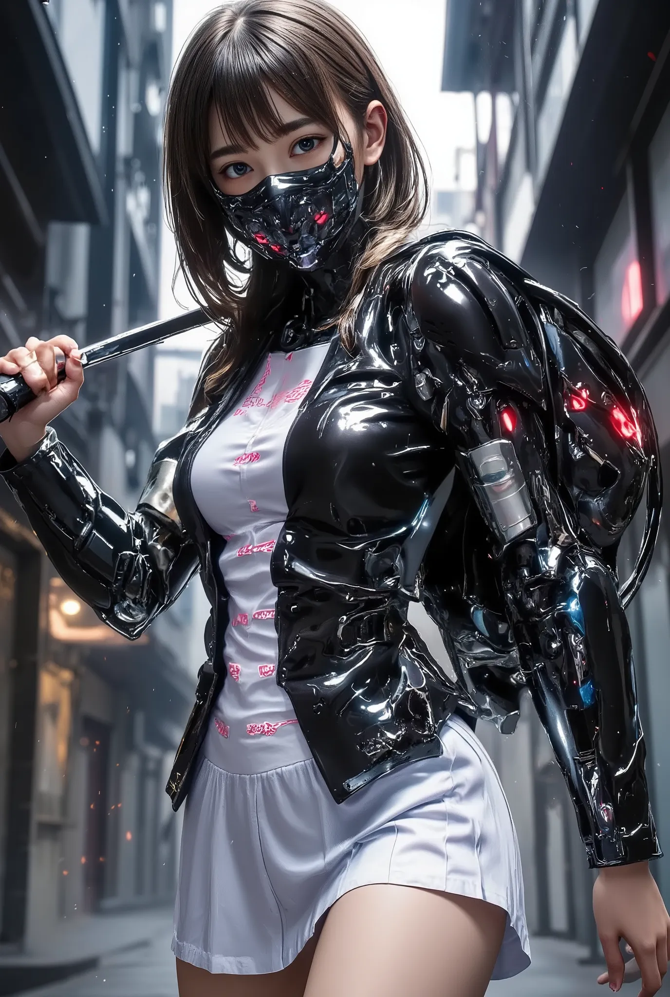 (Highest quality), future, (((highschool girl android))), robot Trooper, Asymmetrical black exoskeleton suit with backpack, superhero young female called "Captain JK", naked frontal, sexy costume, pleats skirt, highschool skirt, highschool uniform, inspire...