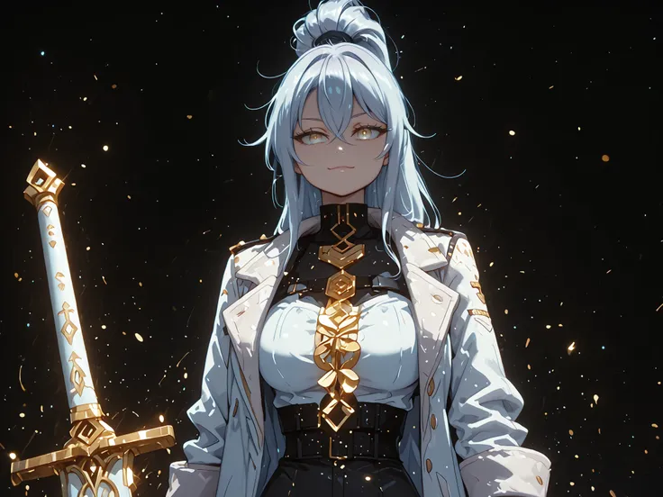 A young female character, black background, with the same height and body type as Alisa Mikhailovna Kujou from Alya Sometimes Hides Her Feelings in Russian. She has silver hair tied in a long ponytail like Sylpha Langlis from Tensei Shitara Dai Nana Ōji, a...