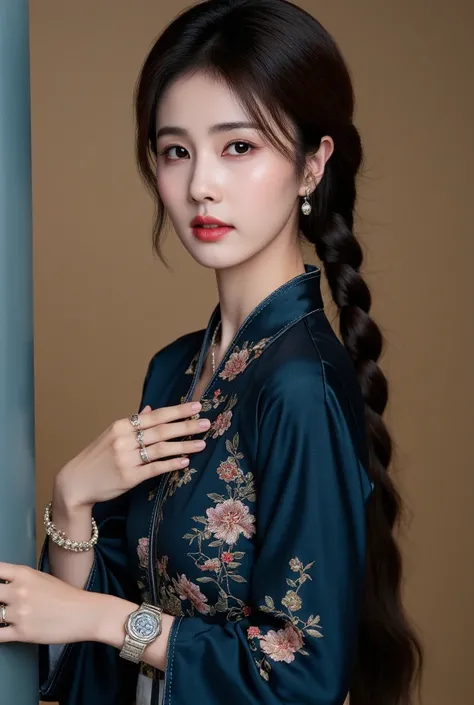 raw photo, (Random shot, full body in frame,  Side view Focus , dutch corner), (( Asian adult woman, Single ,) (traditional Chinese costume, whole , is dark blue, big length , elegant, Embroidered, decoration, charming,) random pose, Stylish,  cool , Cute,...