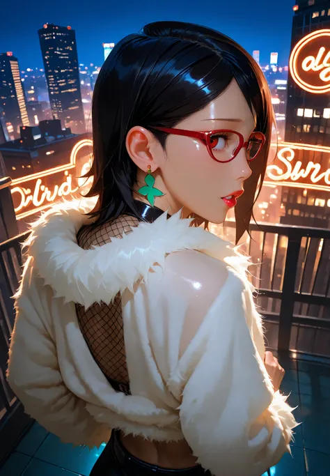 1girl,uchiha sarada, naruto \(series\), gyaru cosplay, glossy lipstick, shiny skin, tan, parted lips, looking back, bracelets, earrings, fishnet top, fur jacket, naturally sagging, on a rooftop of a skyscraper, night time, panoramic view, cyberpunk city in...