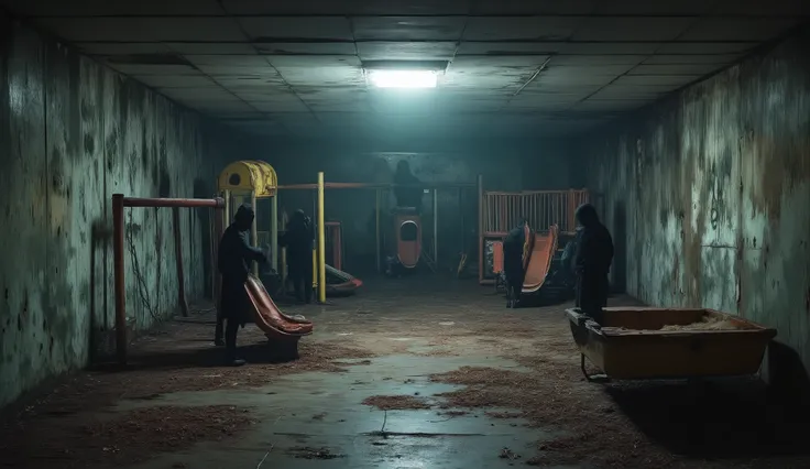 A dark playground in a basement, liminal, hyper realistic, high detail, masterpiece.