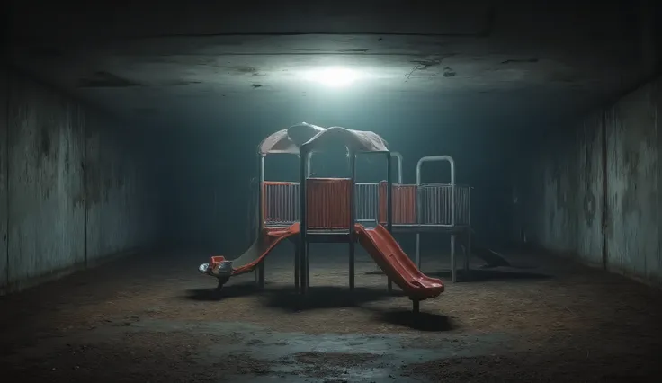 A dark empty playground in a basement, liminal, hyper realistic, high detail, masterpiece.