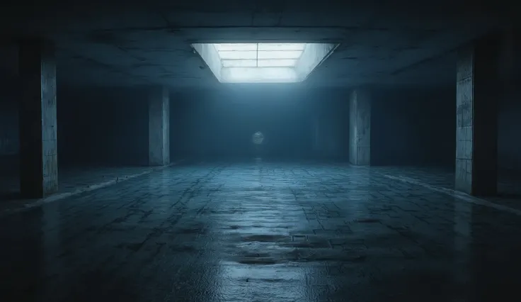 A dark empty swimming pool in a basement, liminal, hyper realistic, high detail, masterpiece.