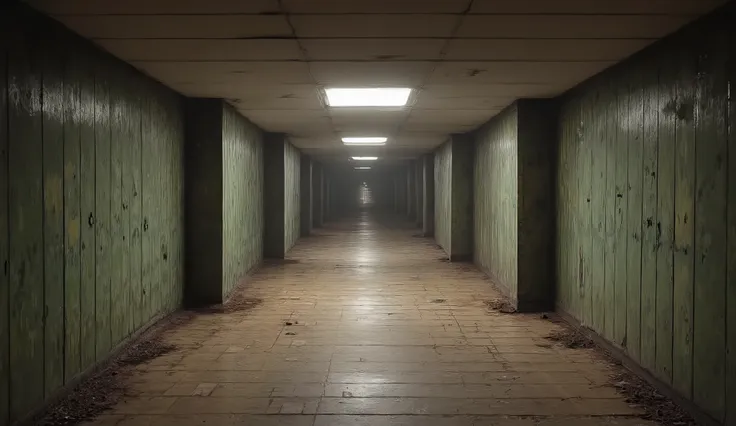 An endless basement hallway, surreal, liminal, hyper realistic, high detail, masterpiece.