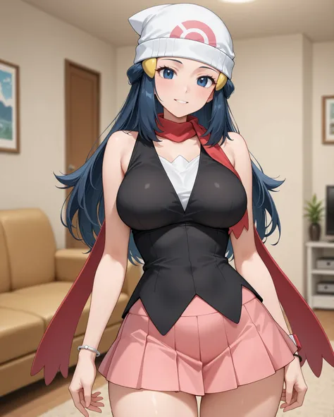 standing, chilling, 
front view, from front, 
eye-level shot, cowboy shot, 

living room, sofa, blurry background, 
1 girl, solo, 
happy, looking at viewer, 

	( Dawn \Pokemon\, )
long hair, dark blue hair, loose hair, sidelocks,
hair ornament, blue eyes,
...