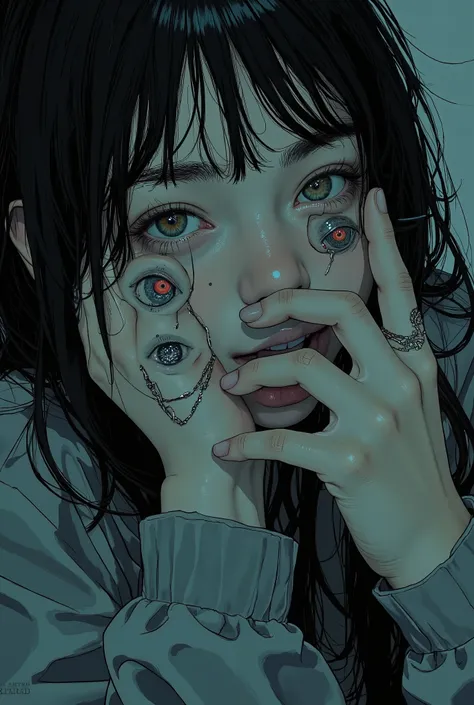 Picture of a woman with two hands on her face,with many eyes on her hands、Madness、Lonely、 junji this work , This is Junjia Art, Junji Ito, junji ito 4 k, Junji Ito from No Style Inspired by Anime Girls , Subtle Junji This, Junji Ito風, Junji Itoスタイル, Multi...