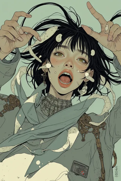 illustrations、Art、Supervised by Junji Ito、over action、Overreaction、 pretend to be scared 、Highly detailed, Realistic Shadows、Analog Style, Color Difference, surrealism