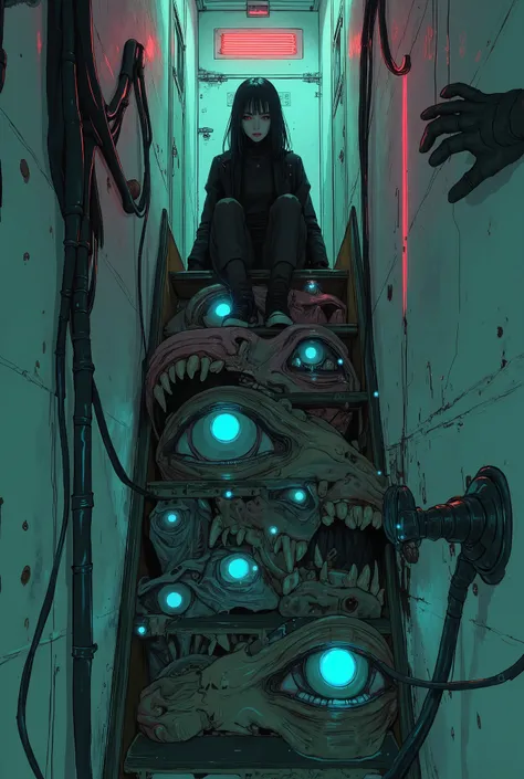 これらの手teeth影の中から手を伸ばしているような印象を与えます, A figure in a black suit sits at the topA narrow staircase. The staircase itself forms a surreal and unsettling passageway。, 各ステップにteeth, They are similarly adorned with matching glowing blue eyes. The staircase itself fo...