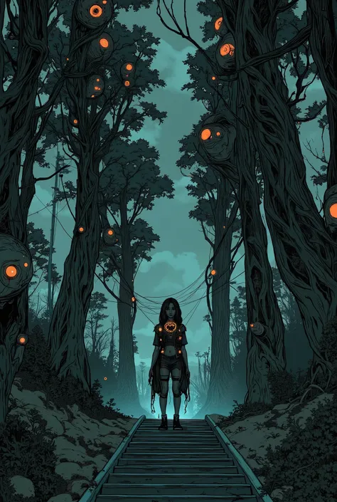 treeを背景に階段に立っている男がいる, with multiple eyes, Dark surreal art, tree々Eye inside, spooky art style, Surreal Dark Art , surreal art of fear , Eerie Glowing Eyes , hyperrealistic illustration , Surreal Photography, multiple eyes, psychedelic surreal art, surre...