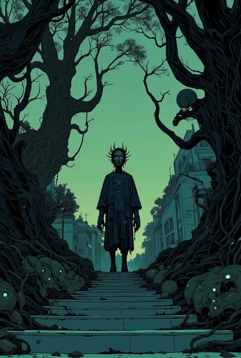 treeを背景に階段に立っている男がいる, with multiple eyes, Dark surreal art, tree々Eye inside, spooky art style, Surreal Dark Art , surreal art of fear , Eerie Glowing Eyes , hyperrealistic illustration , Surreal Photography, multiple eyes, psychedelic surreal art, surre...