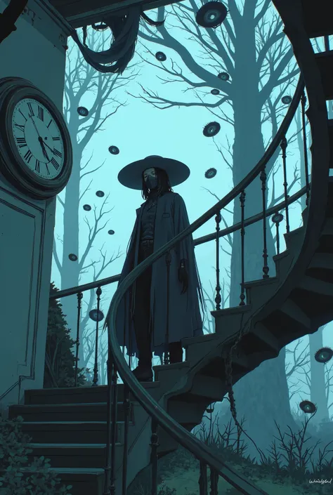 a mysterious figure is standing on the stairs, wearing a long coat and a wide-brimmed hat {x} The silhouette rises against a fantastic and dreamy background. This individual, the pupils come to life against a soft light background, shadows falling , their...