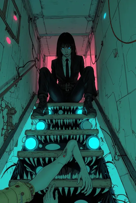 これらの手teeth影の中から手を伸ばしているような印象を与えます, A figure in a black suit sits at the topA narrow staircase. The staircase itself forms a surreal and unsettling passageway。, 各ステップにteeth, They are similarly adorned with matching glowing blue eyes. The staircase itself fo...