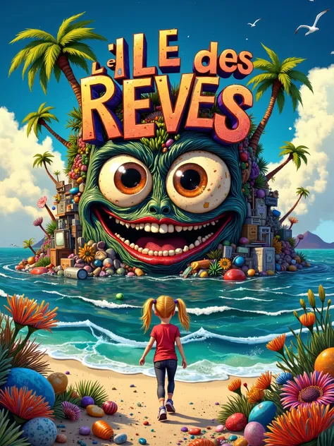A highly detailed, whimsical, vibrant illustration poster featuring the title: “L'ILE des REVES PERDUS” made in recycled waste, garbage and damaged letters in a grunge, gross, cartoon font, this title on top of polluted island hill made of some colored tra...
