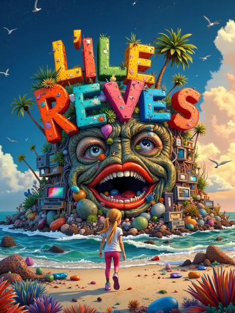 A highly detailed, whimsical, vibrant illustration poster featuring the title: “L'ILE des REVES PERDUS” made in recycled waste, garbage and damaged letters in a grunge, gross, cartoon font, this title on top of polluted island hill made of some colored tra...