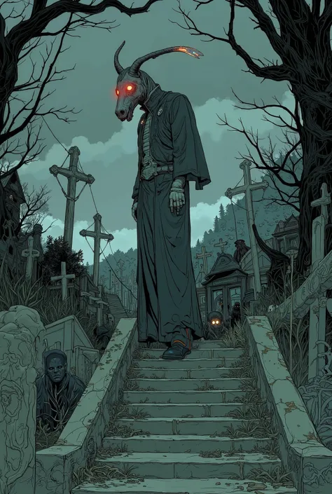 There's a man standing on a staircase with a horse's head, Eerie Characters with Shadows , spooky art style, Ominous Fantasy Illustration, ghostly silhouettes, nightmarish illustration, Lovecraft Illustrations , A ghostly figure, Reusch |, graceful hor...