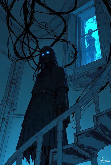 薄 dark照明の下で螺旋stageに謎の人物が立っている. The character has a long, dark coat that adds to the enigmatic atmosphere. Above and behind this person, dark, composition, enhances the otherworldly and creepy atmosphere of this scene. stage, {x} enhances the otherworldly...