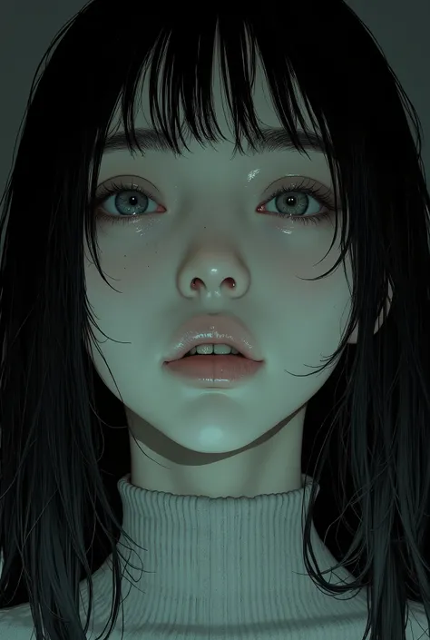 character portrait by Yukionna with a close-up of a human face、 has an eerie expression , Grudge, with ghostly eyes and dark hair, portrait of sadako of ring, scary expression, Scary eyes, Japanese Horror, fearに満ちた表情, ring movie, Japanese Horror movie foo...