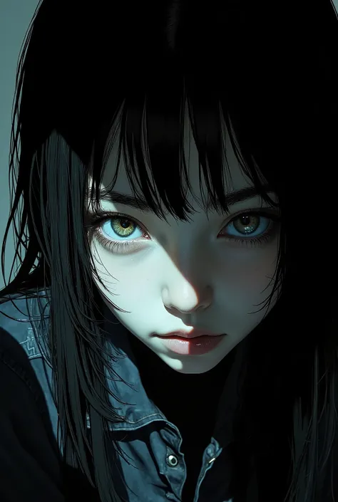 The contrast between the pure white sclera and deep black pupils {x} An eerie image of one eye peeking out sharply through a curtain of disheveled hair, dark hair, Restless 、create an eerie atmosphere. her eyes are wide open and、it enhances the scene's gh...