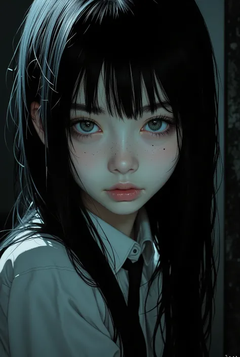 character portrait by Yukionna with a close-up of a human face、 has an eerie expression , Grudge, with ghostly eyes and dark hair, portrait of sadako of ring, scary expression, Scary eyes, Japanese Horror, An expression full of loneliness, with eyes visib...