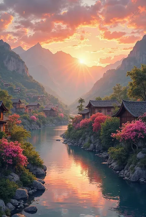 , a small riverside village，The background is mountains，Flowers bloom，Vivid colors，Detailed scenery，Beautiful natural landscape，Ambiance Lighting，Scorching sunset，a warm color palette，utility，utility摄影，Delicate leaves，Complex architecture ， cobblestone str...