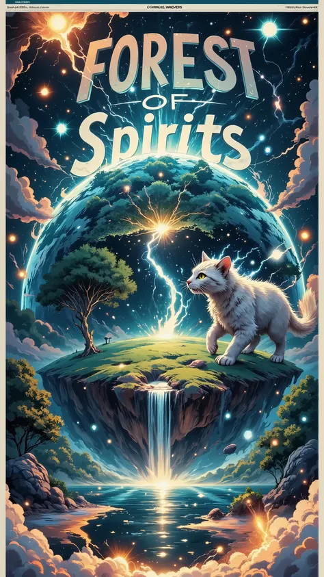 Newspaper,front-page news,Large headline text” Forest of Spirits” Article about the discovery of the Spirit Forest,There is a photo frame that takes up two-thirds of the page.the phot is deep forest,water fall, Place the lightning-charged cat in the Spirit...