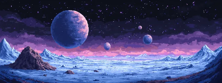 Pixelart background, 32 bits style, (empty space cosmic with ice planets far away), cold colors, cinematic atmosphere.