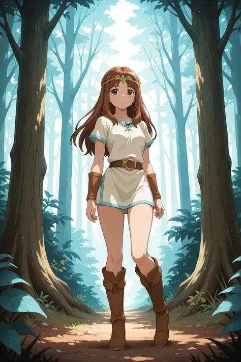 A woman with long brown hair, wearing a circlet, short tunic and tall hide boots, strolling through a magical forest, natural lighting, in full view in a highly detailed anime style