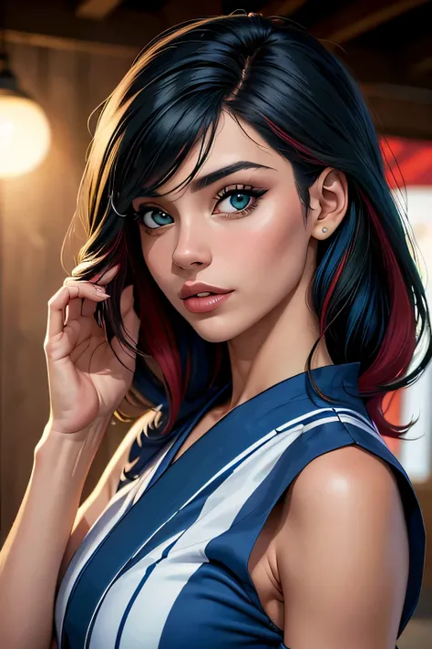 (obra de arte, Melhor qualidade, high resolution:1.4), Papel de parede, corpo todo, 1 garota, cabelo longo, (cabelo azul:1.0), (cabelo preto:1.0), olhos verdes, multicolored hair, cabelo gradiente, peito pequeno, facing the side, yukata , holding party pop...