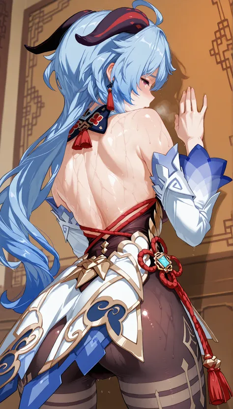 score_9,score_8_up,score_7_up,1 Female, solo,large_, vision_\(genshin_impact\), tassel earrings, absurdres, highres, (Black_Tights),chinese knot, clothing cutout, long sleeves,Off Shoulder,(White_hem), Ganyu_\(genshin_impact\), looking_at_viewer,(Spreading...