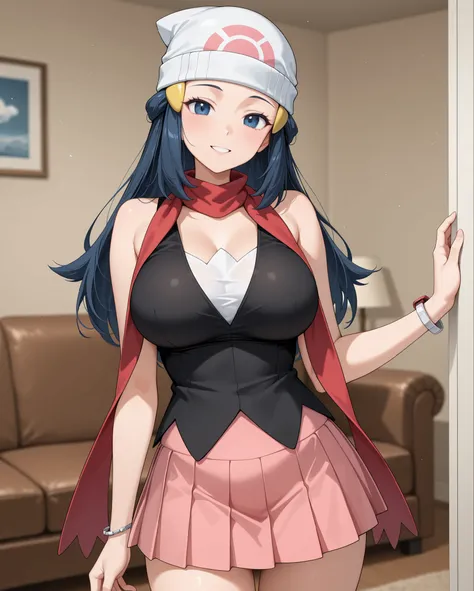 standing, chilling, 
front view, from front, 
eye-level shot, cowboy shot, 

living room, sofa, blurry background, 
1 girl, solo, 
happy, looking at viewer, 

	Dawn \Pokemon\, 
long hair, dark blue hair, loose hair, sidelocks,
hair ornament, blue eyes,

Da...