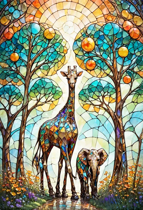 Giraffe and Elephant In the woods