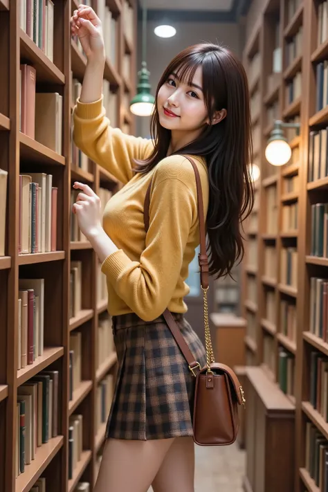 A 20-year-old Japanese woman with long, wavy, warm chocolate-brown hair, a charming smile on her face as she stands on her tiptoes, reaching up for a leather-bound book on a high, floor-to-ceiling wooden shelf in a cozy, cluttered, and atmospheric vintage ...