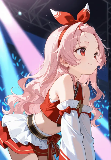 1girl, solo, general, young, red eyes (big eyes:0.6) (tsurime:0.6), pink hair long hair wavy hair, a bow hairband, hair intakes, bangs pinned back, japanese clothes idol clothes, red top cropped top sleeveless, white detached sleeves flared sleeves, red mi...
