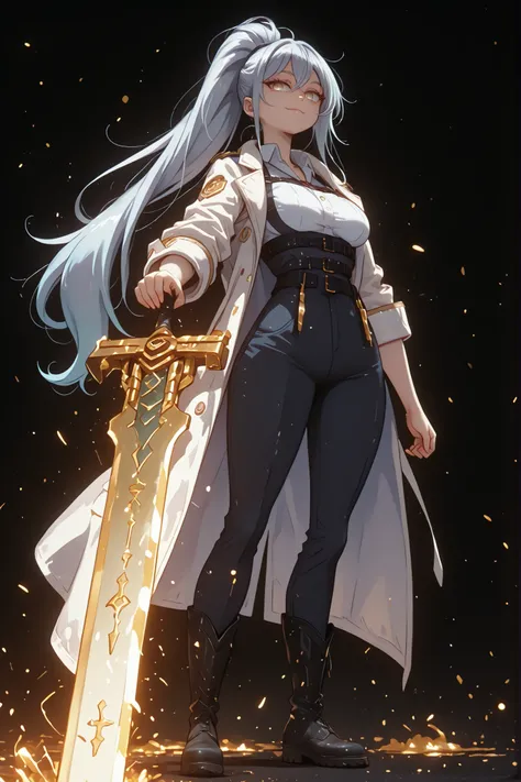 A young female character, black background, with the same height and body type as Alisa Mikhailovna Kujou from Alya Sometimes Hides Her Feelings in Russian. She has silver hair tied in a long ponytail like Sylpha Langlis from Tensei Shitara Dai Nana Ōji, a...