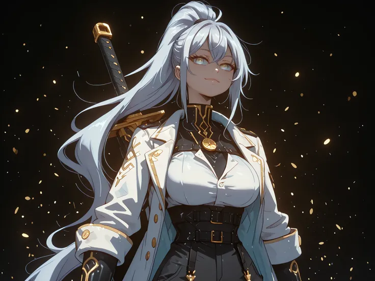 A young female character, black background, with the same height and body type as Alisa Mikhailovna Kujou from Alya Sometimes Hides Her Feelings in Russian. She has silver hair tied in a long ponytail like Sylpha Langlis from Tensei Shitara Dai Nana Ōji, a...