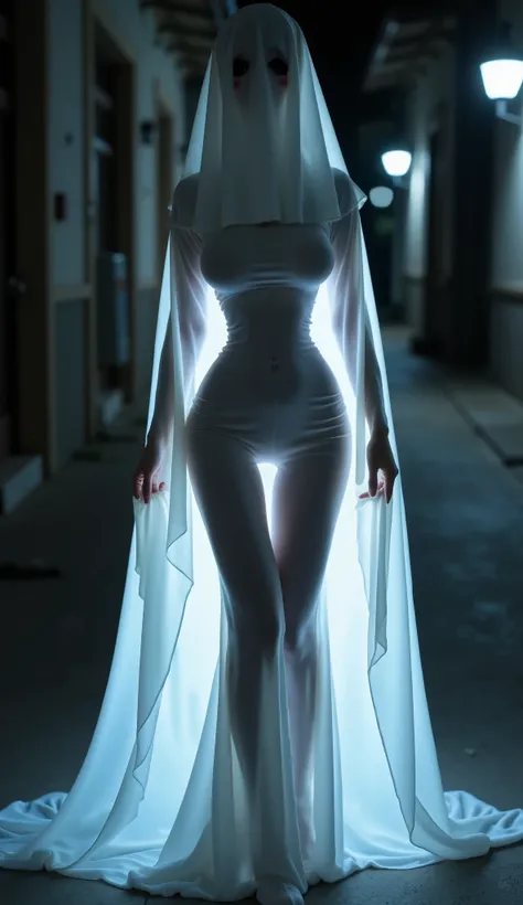 Woman dressed as a ghost, big breasts, Background of a very dark street,  VERY REALISTIC, Cinematic Sexuality 100% 