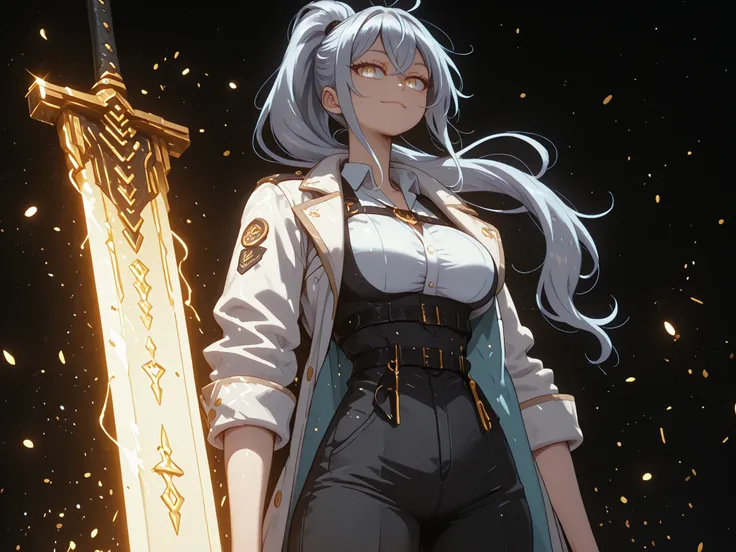 A young female character, black background, with the same height and body type as Alisa Mikhailovna Kujou from Alya Sometimes Hides Her Feelings in Russian. She has silver hair tied in a long ponytail like Sylpha Langlis from Tensei Shitara Dai Nana Ōji, a...