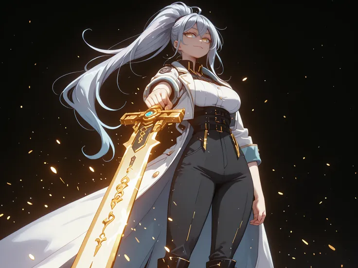A young female character, black background, with the same height and body type as Alisa Mikhailovna Kujou from Alya Sometimes Hides Her Feelings in Russian. She has silver hair tied in a long ponytail like Sylpha Langlis from Tensei Shitara Dai Nana Ōji, a...