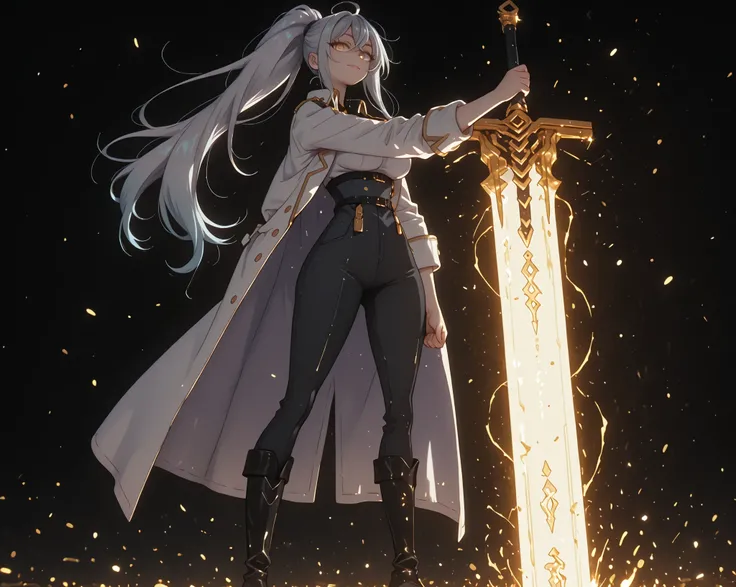 A young female character, black background, with the same height and body type as Alisa Mikhailovna Kujou from Alya Sometimes Hides Her Feelings in Russian. She has silver hair tied in a long ponytail like Sylpha Langlis from Tensei Shitara Dai Nana Ōji, a...