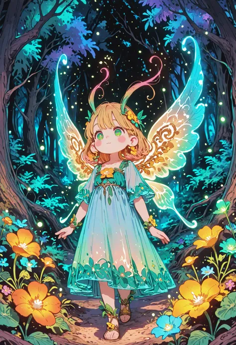 Petite fairy girl, 20 cm tall, delicate translucent wings refracting rainbow hues, leaving a sparkling trail as she flutters joyfully. She has bright emerald-green eyes, round rosy cheeks, and golden hair styled with tiny flowers, complementing her etherea...