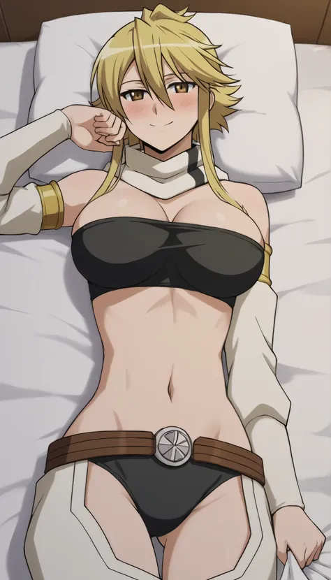 Leone, solo, from Akame Ga Kill, big breast, scrafless, bare neck, without scraf, tube bra, lying on a soft bed, blushing with a seductive expression, no scarf, no belt, wearing only a revealing outfit that accentuates her curves. Her blonde hair is slight...