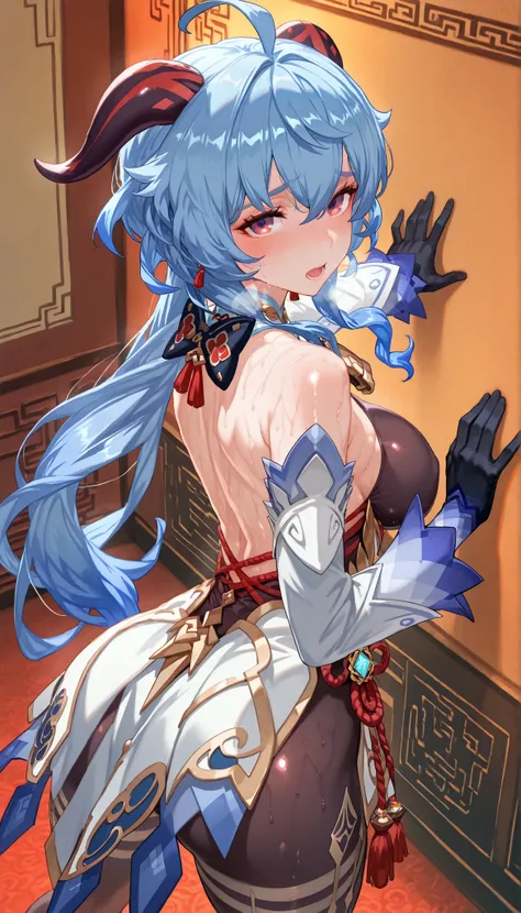 score_9,score_8_up,score_7_up,1 Female, solo,large_, vision_\(genshin_impact\), tassel earrings, absurdres, highres, (Black_Tights),chinese knot, clothing cutout, long sleeves,lack gloves,(White_hem), Ganyu_\(genshin_impact\), looking_at_viewer,(Spreading ...