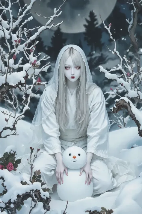 1 japanese woman,beautiful and mysterious woman,reaching,all white,wearing white kimono style and white japanese veil,expressionless,cool face,pale skin,glowing skin,white eyes,white hair,long hair,white rips,bare feet,seiza on snow ground,knee on little s...
