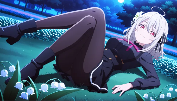 best quality, high quality,amazing quality,highres, absurdres, newest,Anime screencap,anime screencap,anime coloring,highly detailed illustrations, perfect anatomy, 

BREAK 1girl,soro, lilyspyr00m,hair flower,medium hair,silver hair,hair ribbon,b0se0utf1t,...