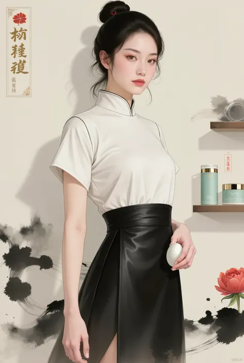 new national fashion beauty illustration，Oriental women，improved Hanfu white top+leather black dress，pearl metal step shake，Yuanshan eyebrow and bright lips，geometric gold leaf flower on the forehead，hand-held ink petals beauty egg，ink peony on the left si...